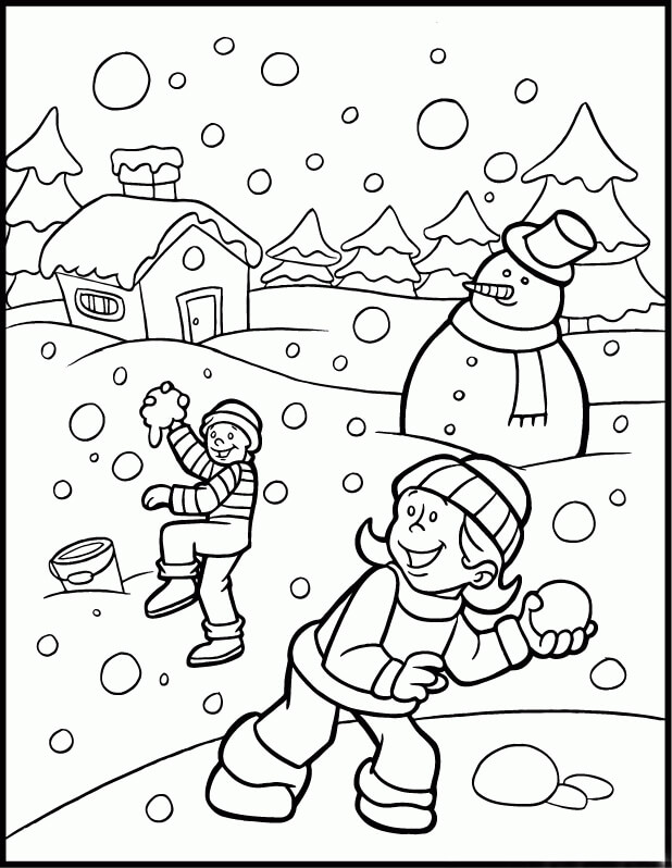 Dibujo de Dos niños y muñeco de Nieve en Invierno para Colorear