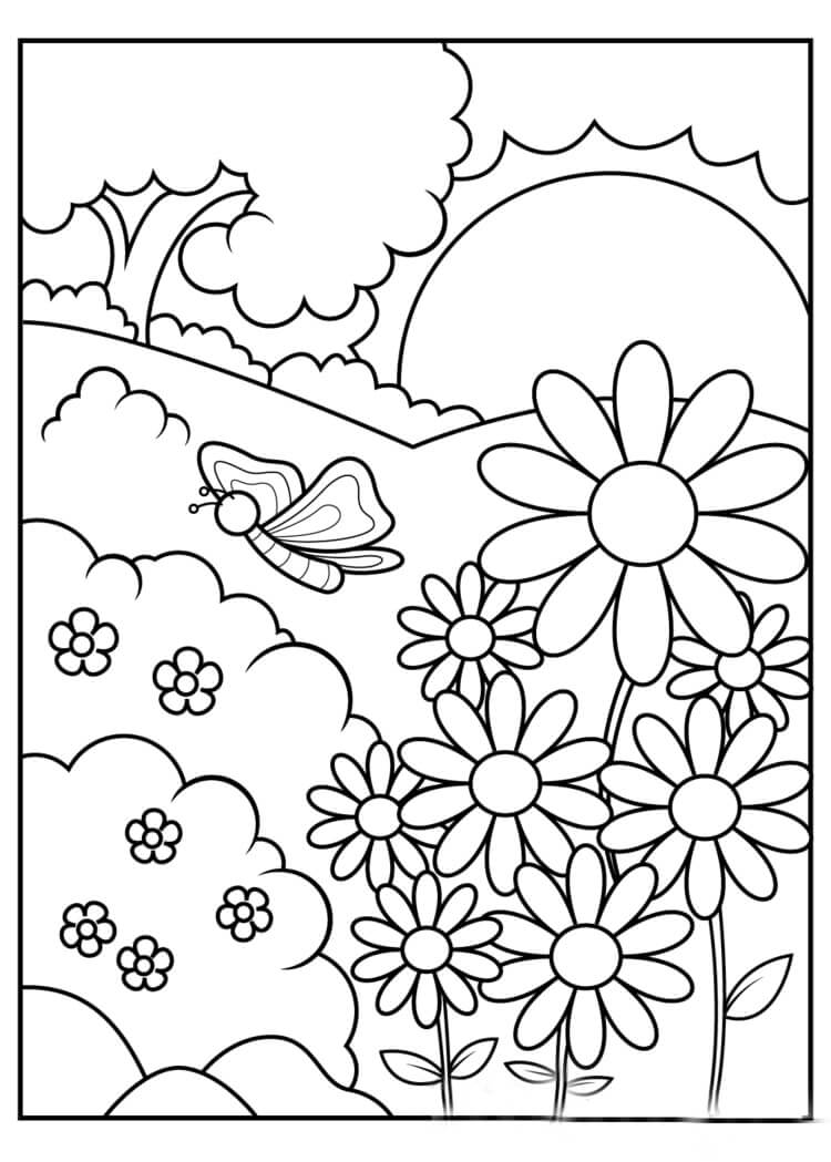 Dibujo de Mariposa Floreciente de Primavera para Colorear