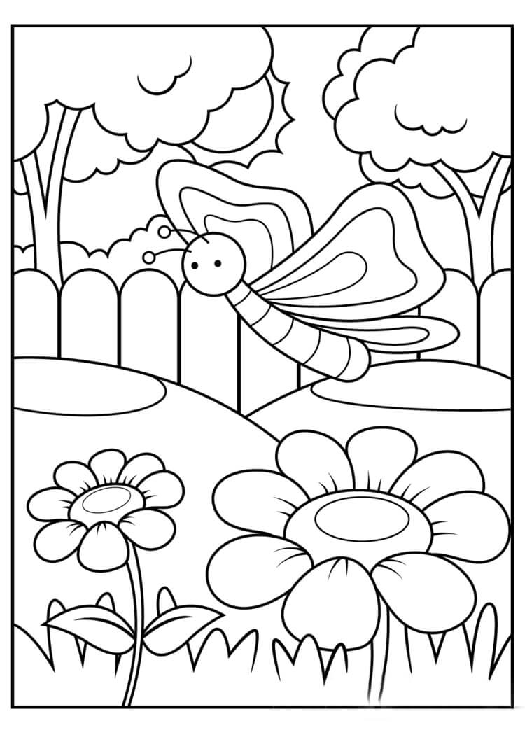 Dibujo de Mariposa y Flor en Primavera para Colorear