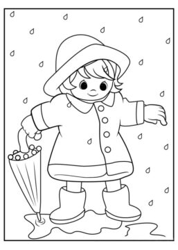 Dibujo de Niña Sonriente Tenencia Paraguas en Invierno para Colorear