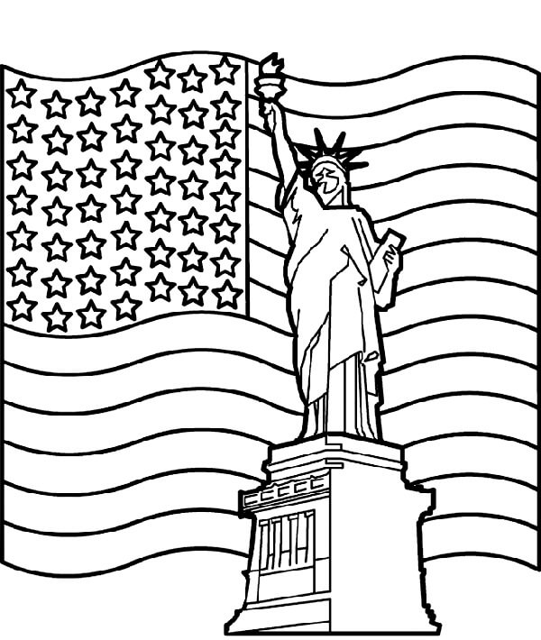 Dibujo de Estatua de la Libertad con Bandera para Colorear