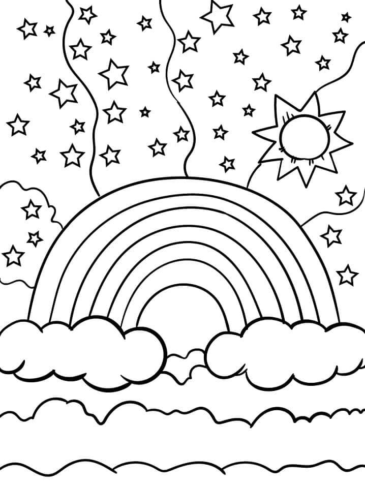 Dibujo de Arcoíris con Sol y Estrellas para Colorear