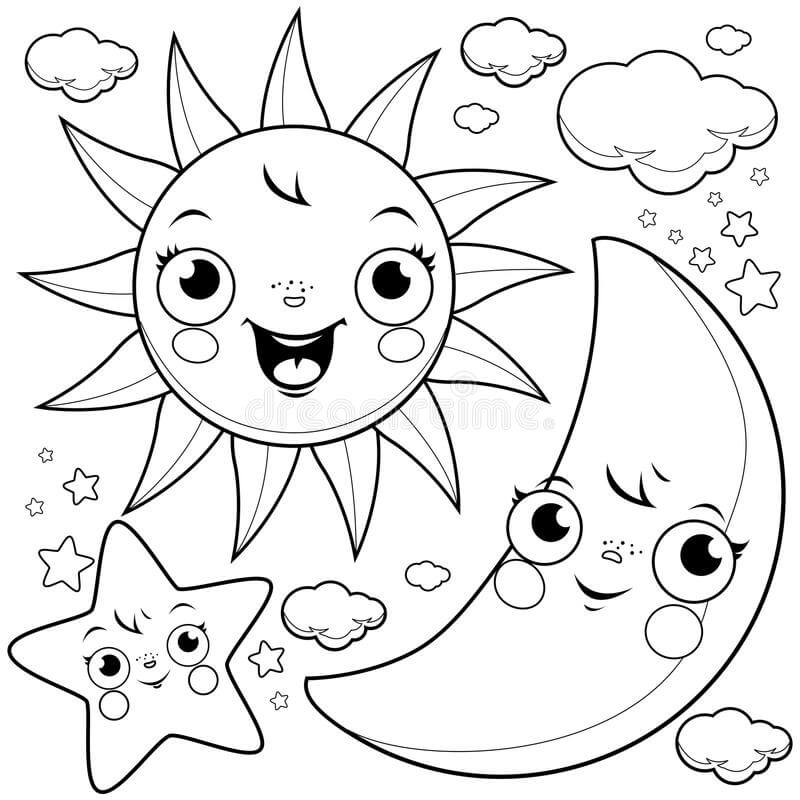 Dibujo de Animados Sol y Luna con Estrellas para Colorear
