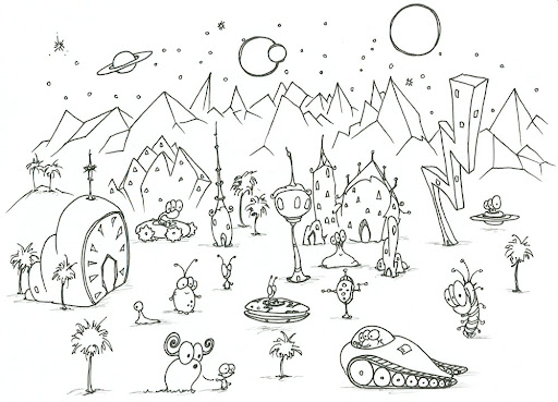Dibujo de Algunos Extraterrestres en un Planeta Aliengena para Colorear