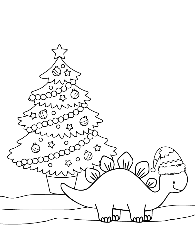 Dibujo de Easy Christmas Tree And Dino Coloring Page para Colorear
