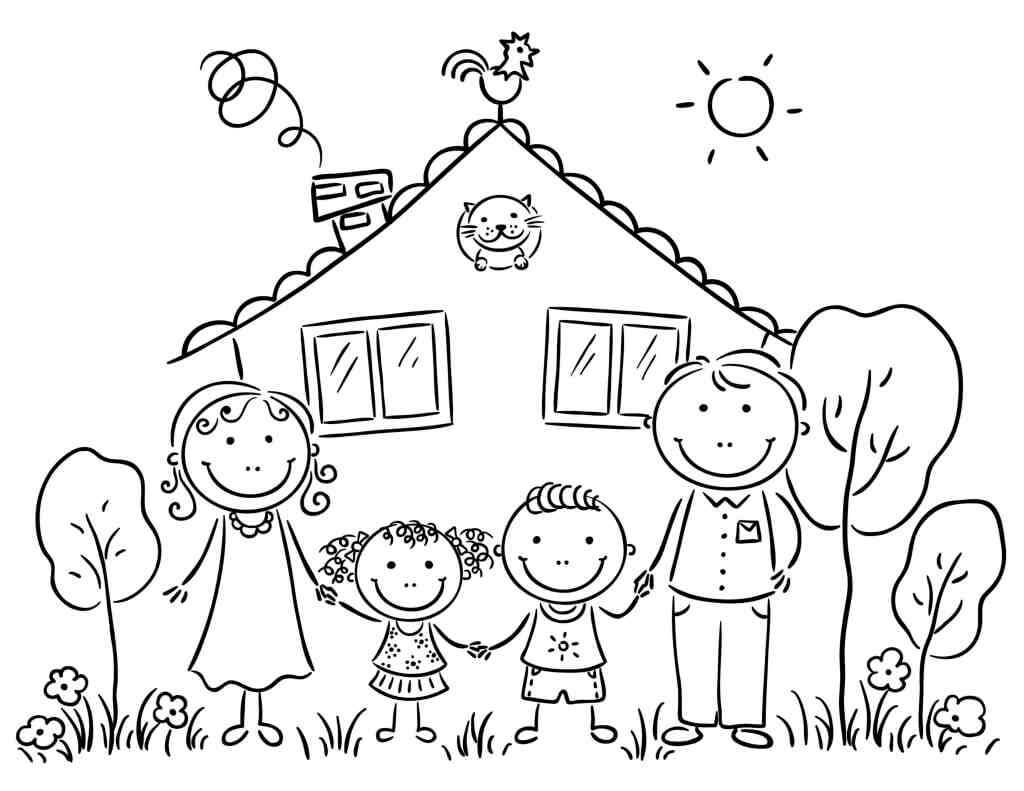 Dibujo de Familia con Casa para Colorear