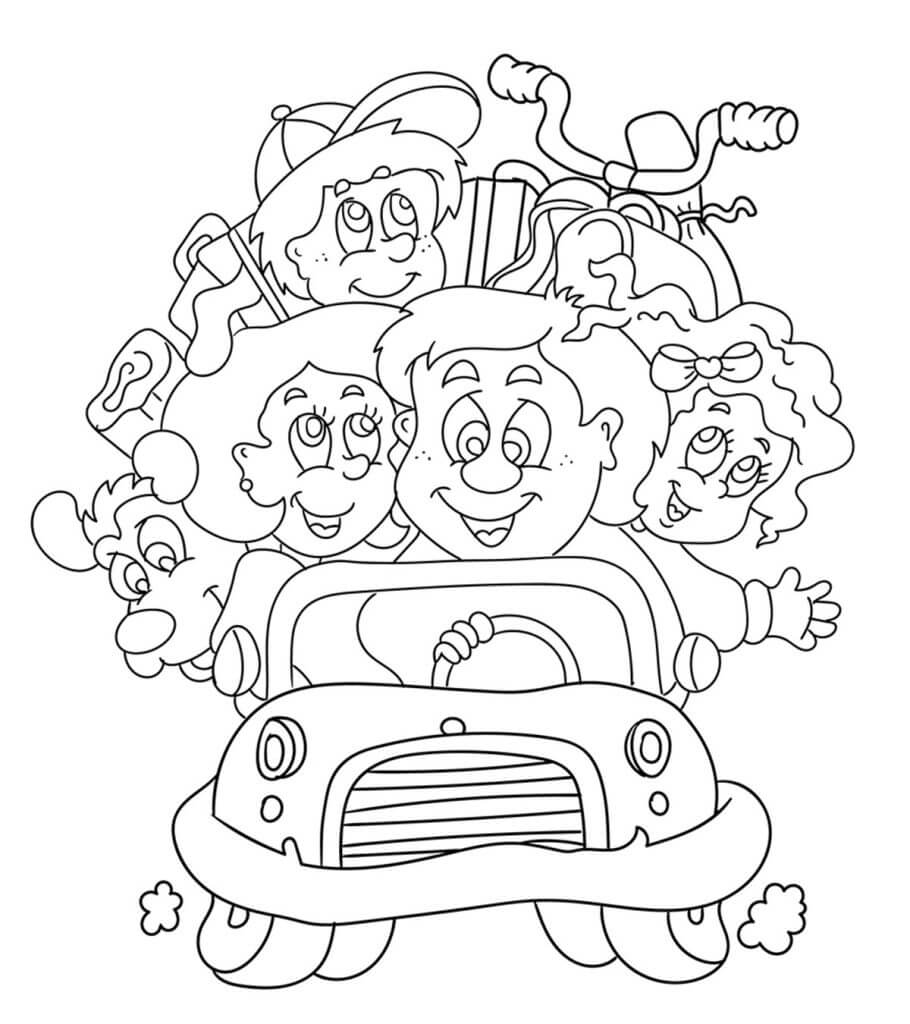 Dibujo de Familia Divertido en Coche para Colorear