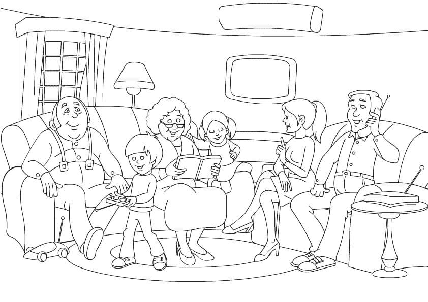 Dibujo de Gran Familia en Casa para Colorear