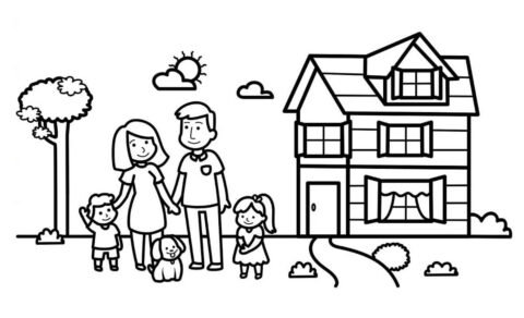 Dibujo de Lindo Familia con Casa para Colorear