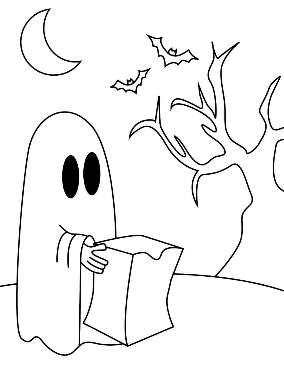Dibujo de Fantasma con Caja de Regalo para Colorear