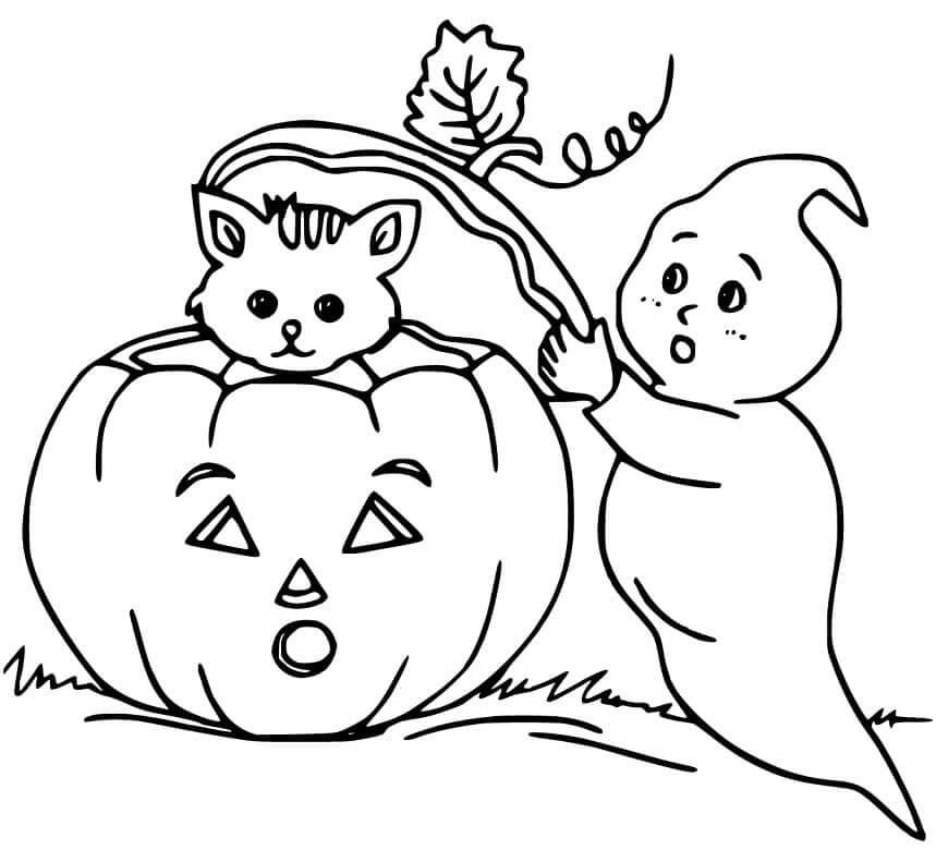 Dibujo de Fantasma con Gato para Colorear