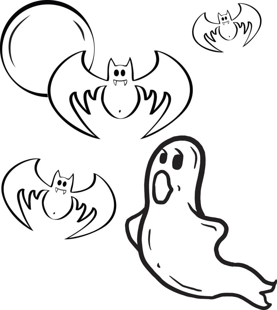 Dibujo de Fantasma con Tres Murcielagos para Colorear