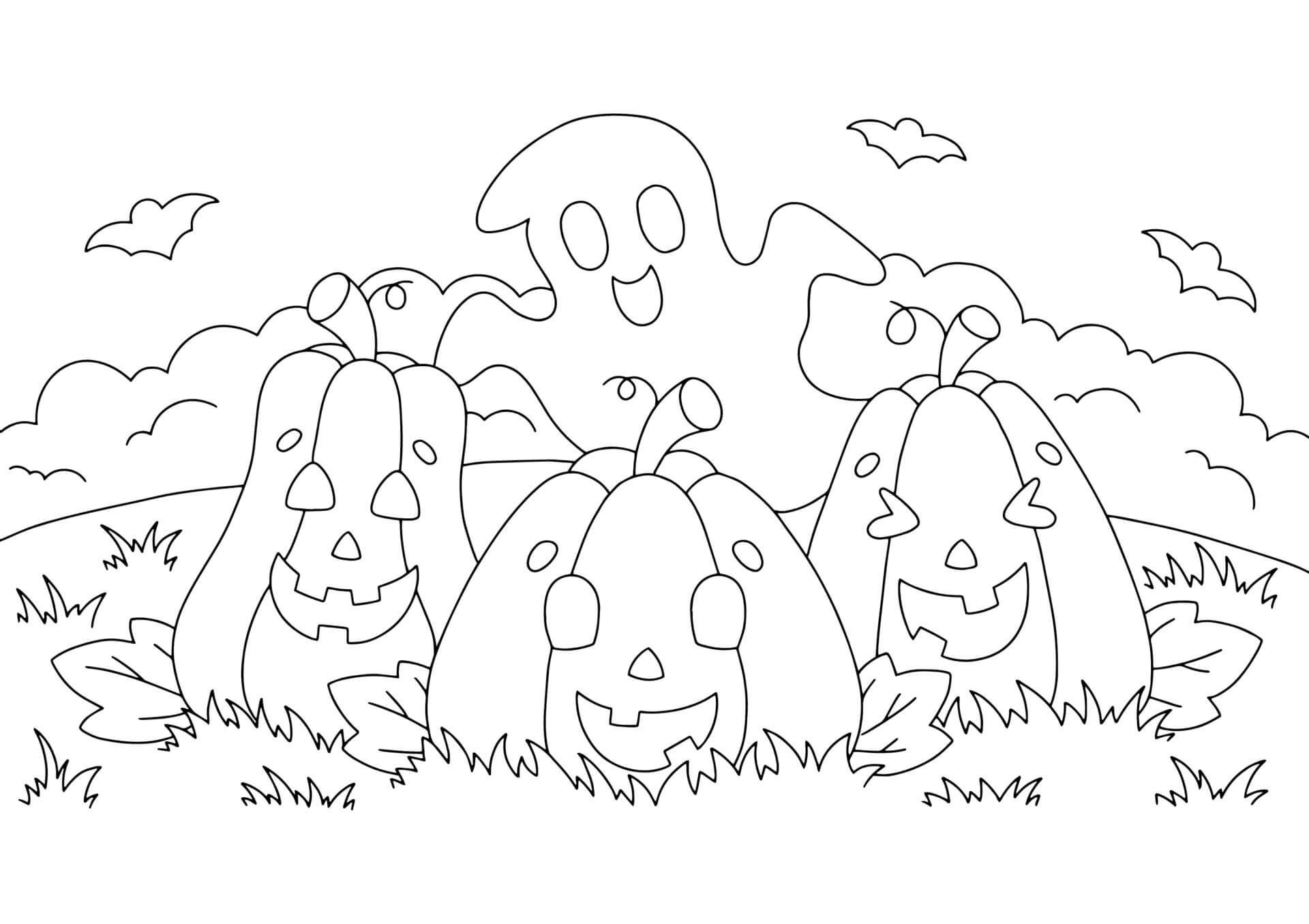 Dibujo de Fantasma de Dibujos Animados y Tres Calabazas para Colorear