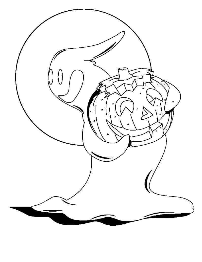 Dibujo de Fantasma Divertido Sosteniendo Calabaza para Colorear