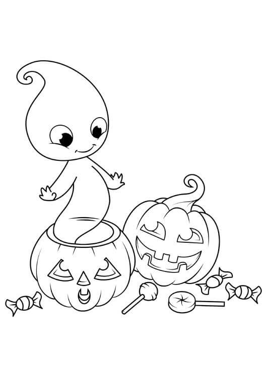 Dibujo de Fantasma Kawaii con Calabaza y Piruleta para Colorear
