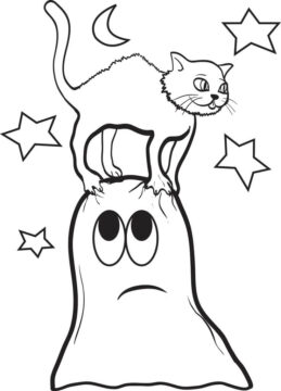 Dibujo de Gato con Fantasma para Colorear