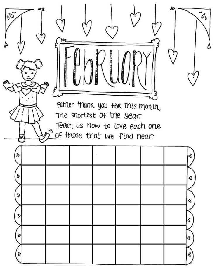 Dibujo de Calendario Infantil Febrero para Colorear