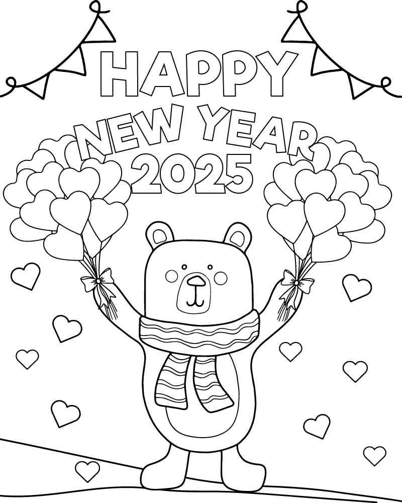 Dibujo de Cute Happy New Year 2025 Coloring Page para Colorear