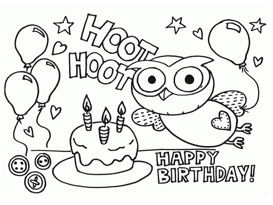 Dibujo de Búho y Pastel de cumpleaños para Colorear