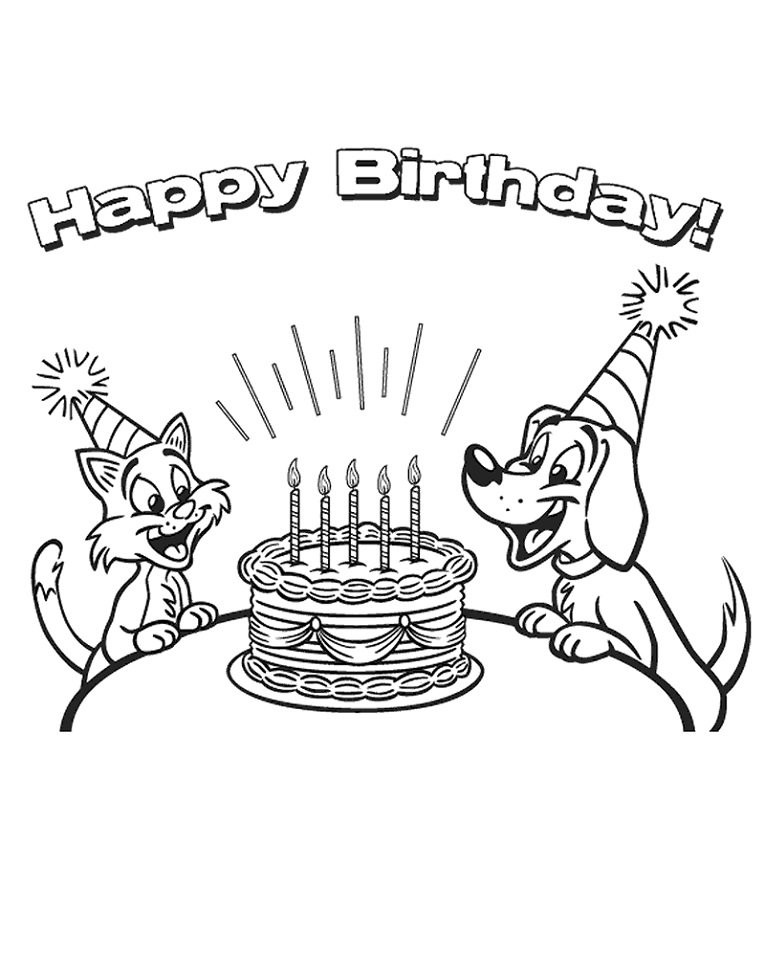 Dibujo de Cumpleaños para Perros y Gatos para Colorear