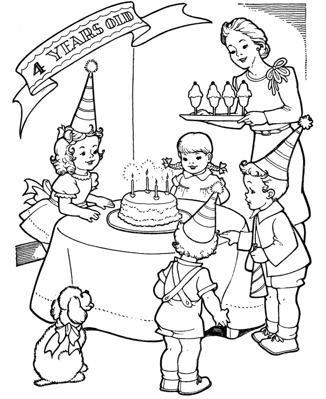 Dibujo de Fiesta de cumpleaños de 4 años para Colorear