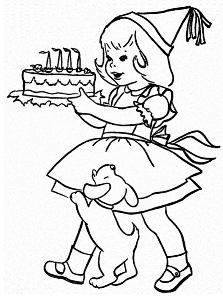 Dibujo de Niña con Pastel de Cumpleans y Cachorro para Colorear