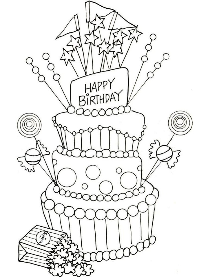 Dibujo de Palomitas de maíz y Pastel de cumpleaños para Colorear