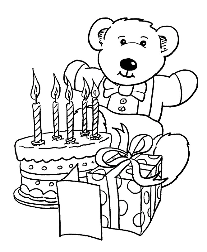 Dibujo de Regalos de cumpleaños y Osito de Peluche para Colorear
