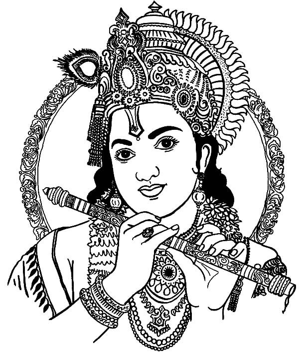 Dibujo de Krishna Tocando la Flauta para Colorear