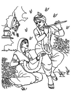 Dibujo de Shri Krishna Janmashtami Tocando la Flauta para Radha para Colorear