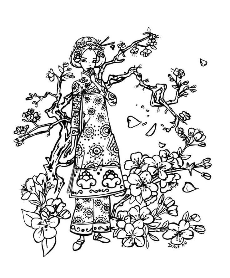 Dibujo de Nia y Flor de Cerezo para Colorear