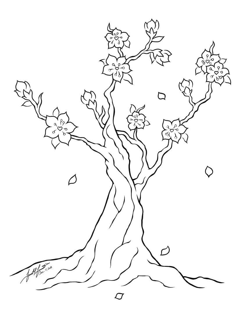 Dibujo de Un Rbol de Cerezos en Flor para Colorear