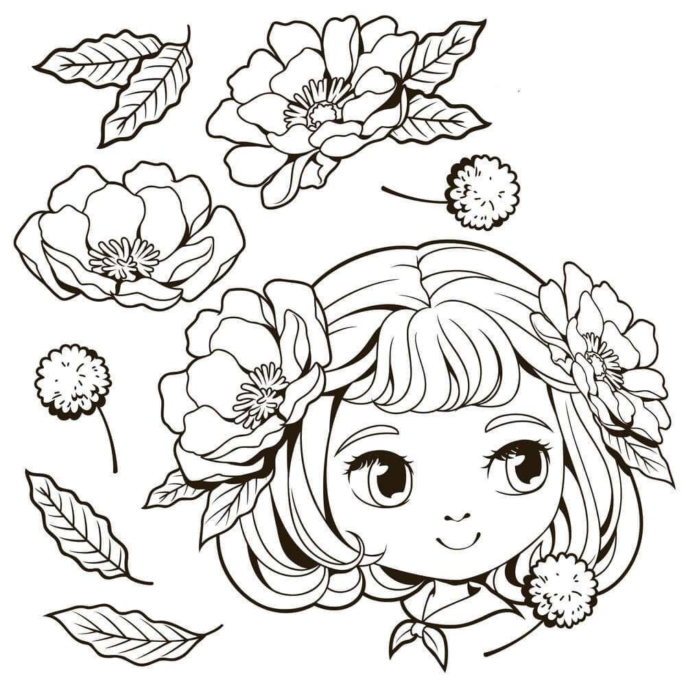 Dibujo de Cara Nia Sonriente y Flor para Colorear