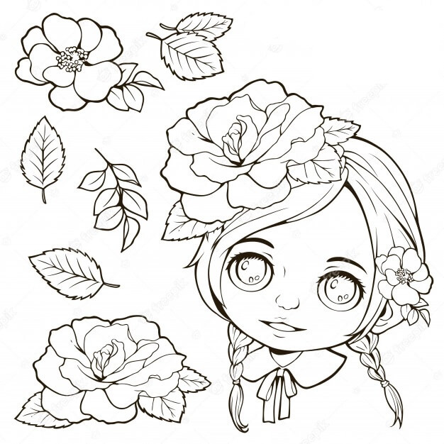 Dibujo de Chica Divertida y Flor para Colorear