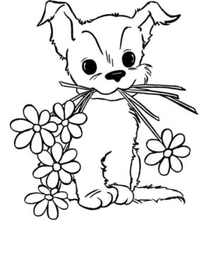 Dibujo de Perro con Flores en la Boca para Colorear