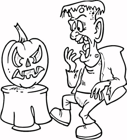 Dibujo de Asustar a Frankenstein con Calabaza para Colorear