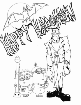 Dibujo de Vispera de Todos los Santos con Frankenstein y Minions para Colorear