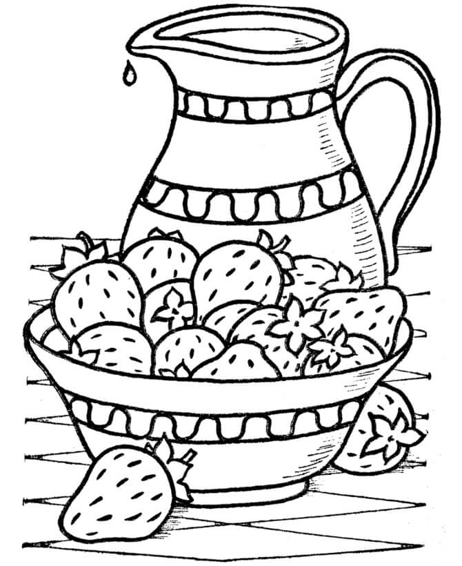 Dibujo de Botella de Agua y Cesta de Fresas para Colorear