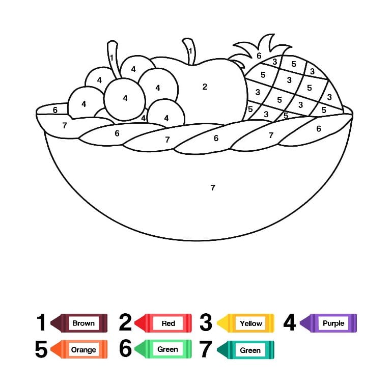 Dibujo de Colorear por números un Cuenco de Frutas para Colorear