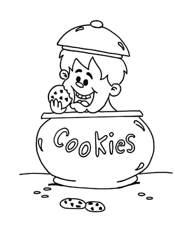 Dibujo de Niño Comiendo Galleta en Tarro de Galletas para Colorear