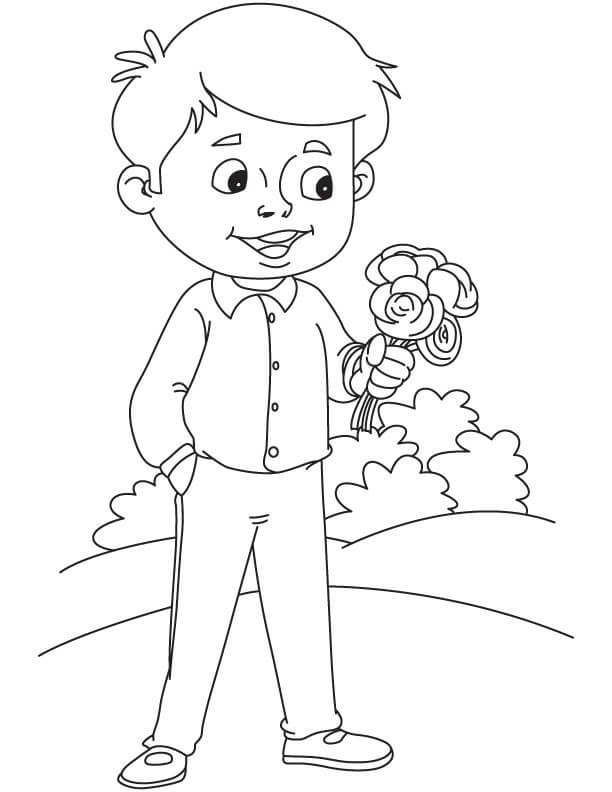 Dibujo de Nio Pequeo Tenencia Flor de Gardenia para Colorear