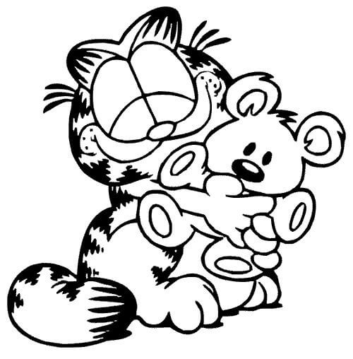 Dibujo de Feliz Garfield Tenencia Osito de Peluche para Colorear