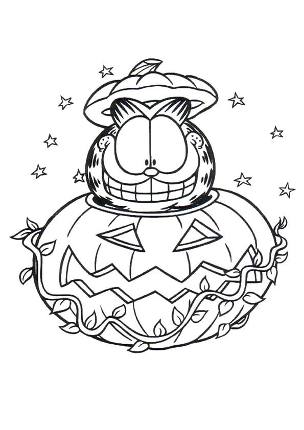 Dibujo de Garfield Feliz en Calabaza de Halloween para Colorear