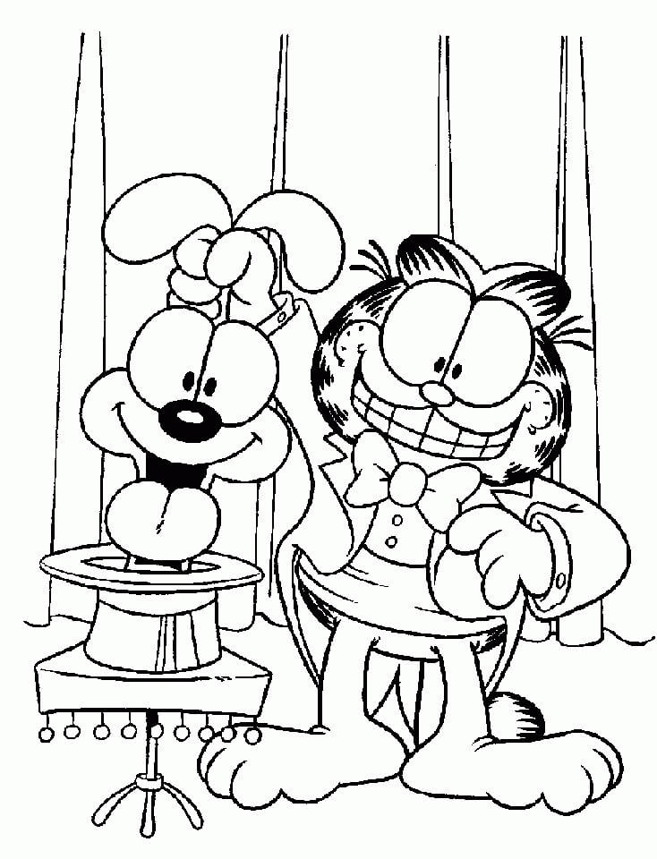 Dibujo de Garfield y Odie Realizando un Espectculo de Magia para Colorear