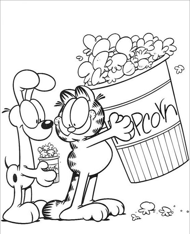 Dibujo de Garfield y Odie Sosteniendo Palomitas de Maz para Colorear