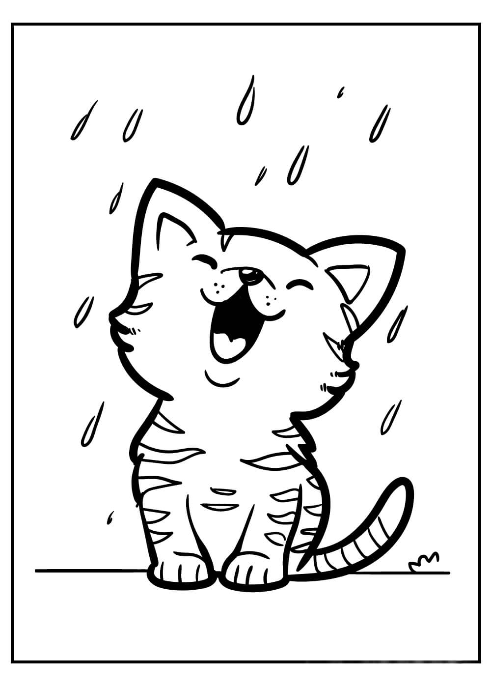 Dibujo de Gatito Feliz Bajo la Lluvia para Colorear