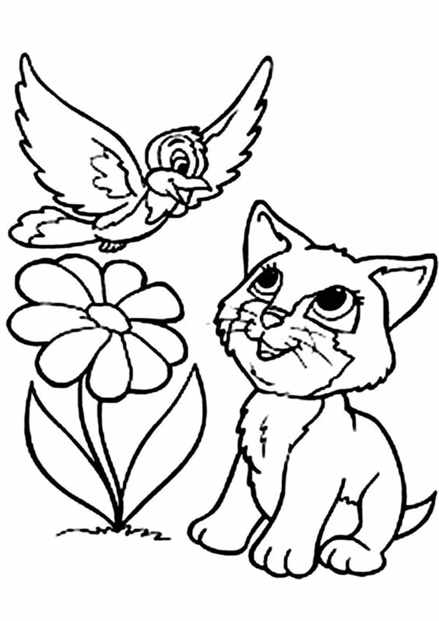 Dibujo de Gatito y Pjaro Flor para Colorear