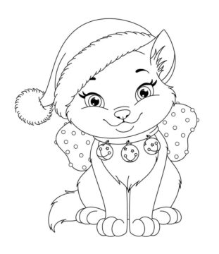 Dibujo de Lindo Gatito de Navidad para Colorear