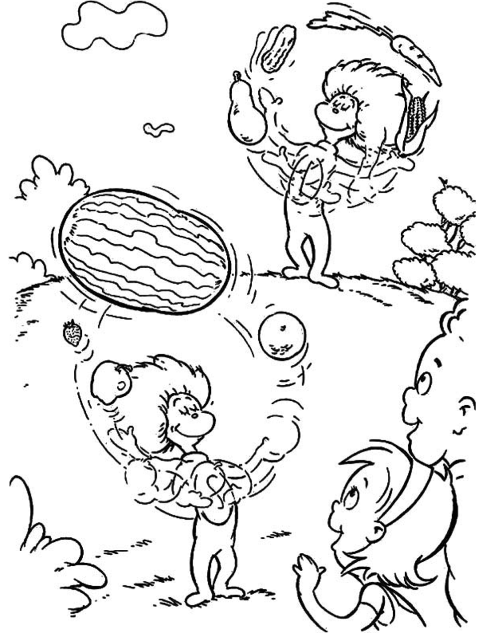 Dibujo de Cosa 1 Cosa 2 Jugando con Frutas para Colorear