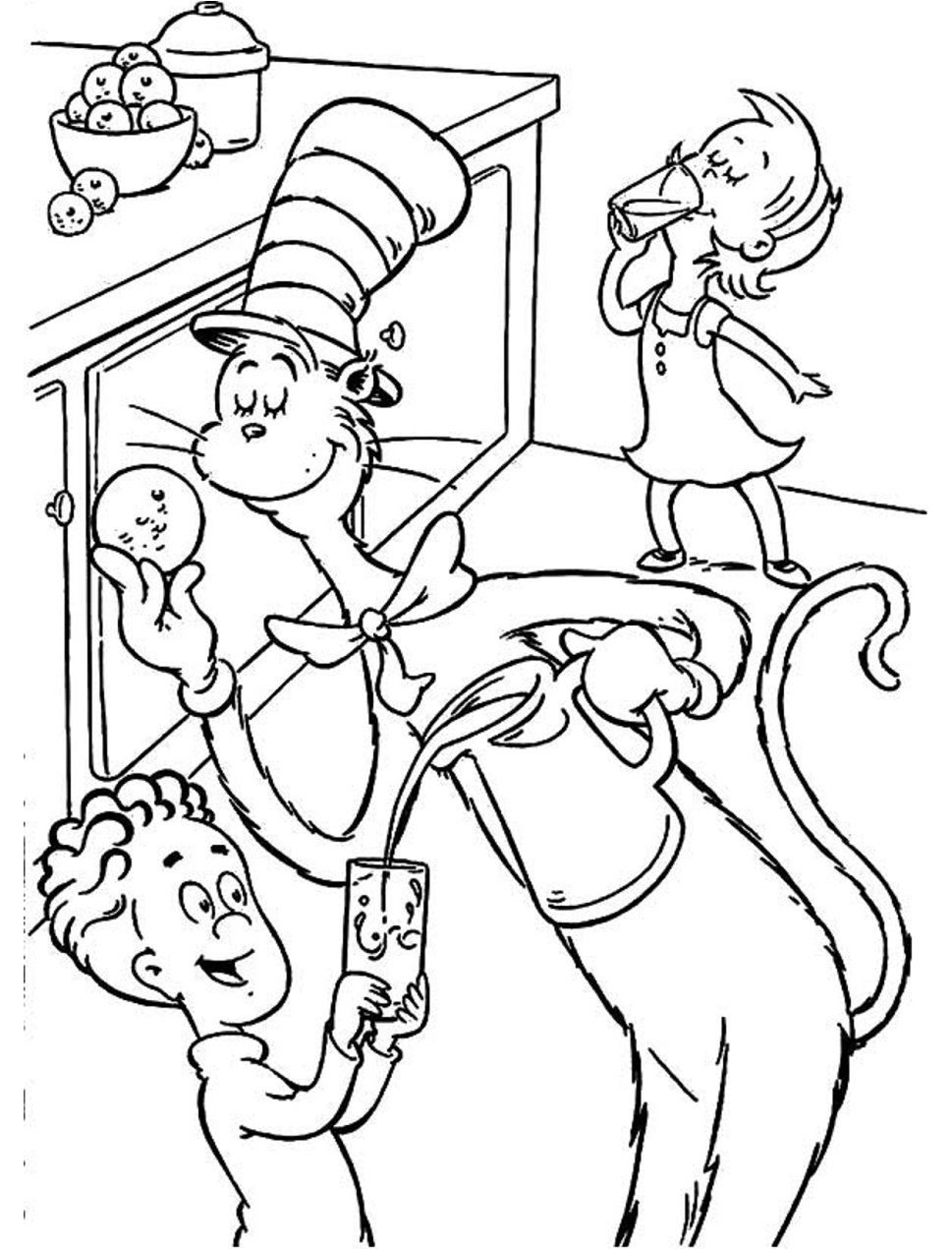Dibujo de Gato con Dos niños para Colorear